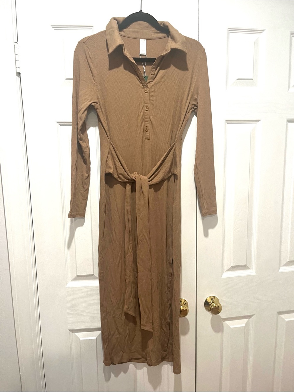 HALARA Camel Long Sleeve Tie-Waist Shirt Dress with tie belt
